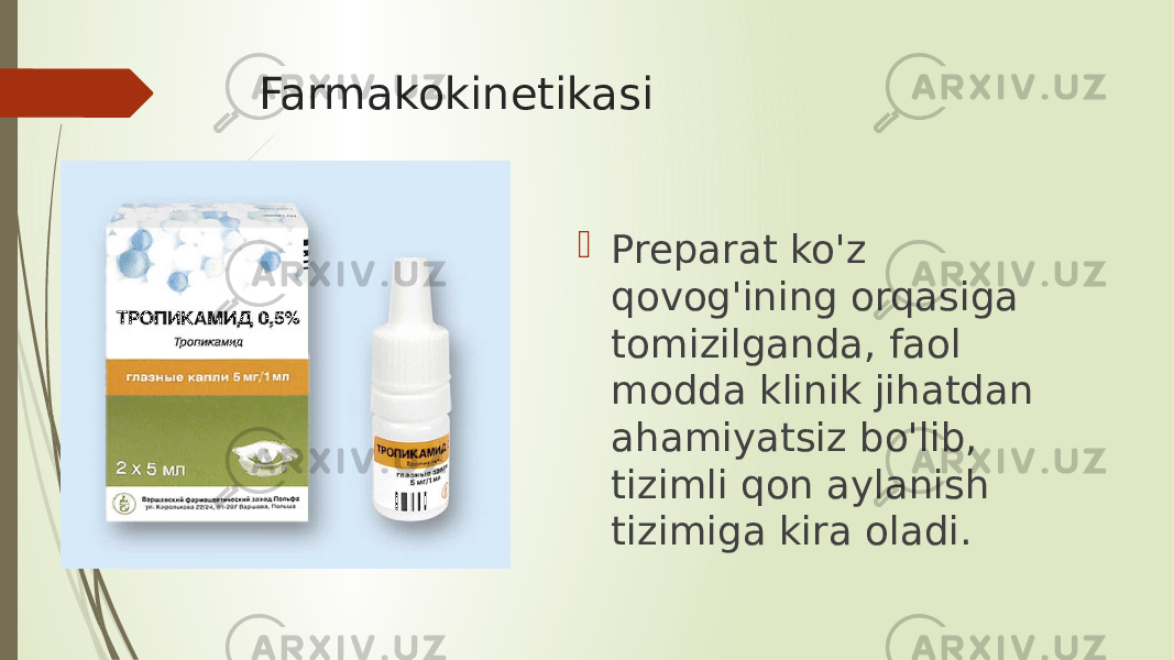 Farmakokinetikasi  Preparat ko&#39;z qovog&#39;ining orqasiga tomizilganda, faol modda klinik jihatdan ahamiyatsiz bo&#39;lib, tizimli qon aylanish tizimiga kira oladi. 