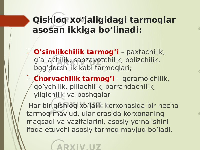 Qishloq xo’jaligidagi tarmoqlar asosan ikkiga bo’linadi:  O’simlikchilik tarmog’i – paxtachilik, g’allachilik, sabzavotchilik, polizchilik, bog’dorchilik kabi tarmoqlari;  Chorvachilik tarmog’i – qoramolchilik, qo’ychilik, pillachilik, parrandachilik, yilqichilik va boshqalar Har bir qishloq xo’jalik korxonasida bir necha tarmoq mavjud, ular orasida korxonaning maqsadi va vazifalarini, asosiy yo’nalishini ifoda etuvchi asosiy tarmoq mavjud bo’ladi. 