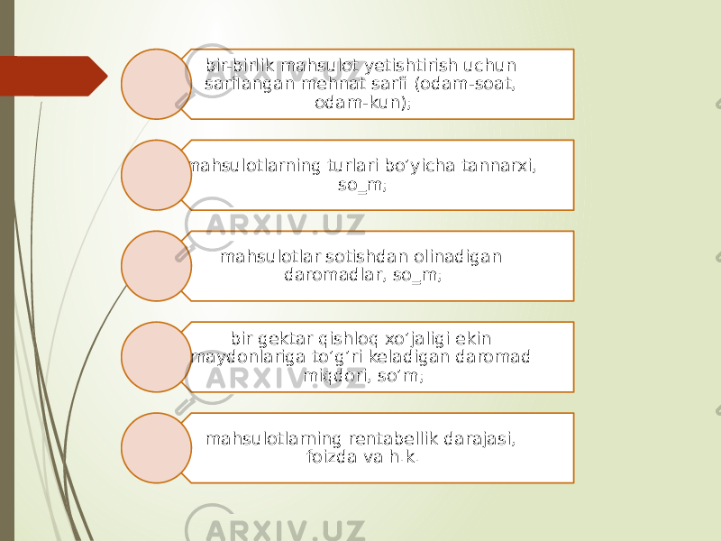 bir-birlik mahsulot yetishtirish uchun sarflangan mehnat sarfi (odam-soat, odam-kun); mahsulotlarning turlari bo’yicha tannarxi, so‗m; mahsulotlar sotishdan olinadigan daromadlar, so‗m; bir gektar qishloq xo’jaligi ekin maydonlariga to’g’ri keladigan daromad miqdori, so’m; mahsulotlarning rentabellik darajasi, foizda va h.k. 