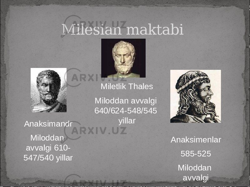 Milesian maktabi Miletlik Thales Miloddan avvalgi 640/624-548/545 yillar Anaksimandr Miloddan avvalgi 610- 547/540 yillar Anaksimenlar 585-525 Miloddan avvalgi 