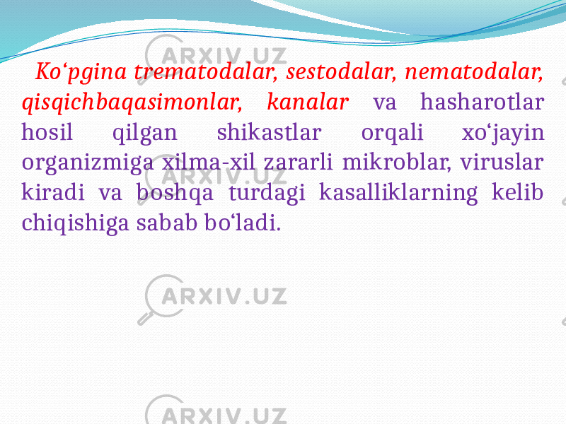  Ko‘pgina trematodalar, sestodalar, nematodalar, qisqichbaqasimonlar, kanalar va hasharotlar hosil qilgan shikastlar orqali xo‘jayin organizmiga xilma-xil zararli mikroblar, viruslar kiradi va boshqa turdagi kasalliklarning kelib chiqishiga sabab bo‘ladi. 