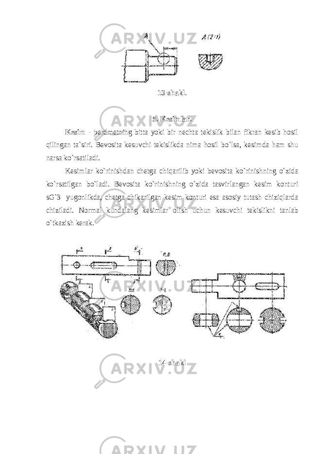 13-shakl . 5. Kesimlar. Kesim - perdmetning bitta yoki bir nechta tekislik bilan fikran kesib hosil qilingan ta`siri. Bevosita kesuvchi tekislikda nima hosil bo`lsa, kesimda ham shu narsa ko`rsatiladi. Kesimlar ko`rinishdan chetga chiqarilib yoki bevosita ko`rinishning o`zida ko`rsatilgan bo`ladi. Bevosita ko`rinishning o`zida tasvirlangan kesim konturi s G`3 yugonlikda, chetga chikarilgan kesim konturi esa asosiy tutash chiziqlarda chiziladi. Normal kundalang kesimlar olish uchun kesuvchi tekislikni tanlab o`tkazish kerak. 14-shakl 