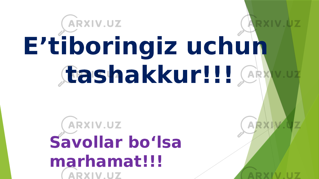 E’tiboringiz uchun tashakkur!!! Savollar boʻlsa marhamat!!! 