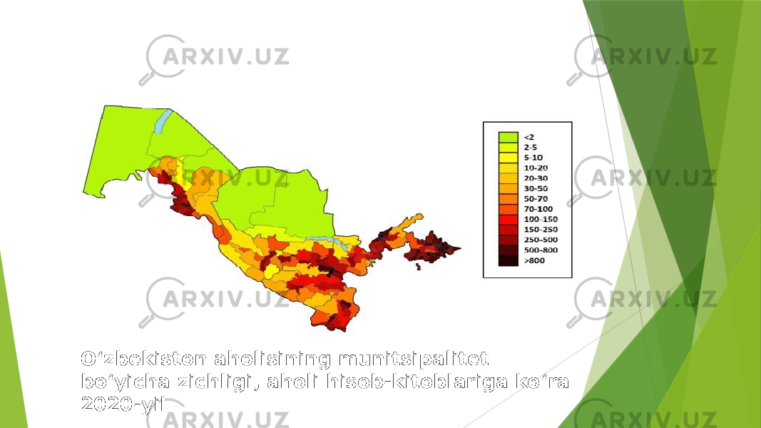 Oʻzbekiston aholisining munitsipalitet boʻyicha zichligi, aholi hisob-kitoblariga koʻra 2020-yil 