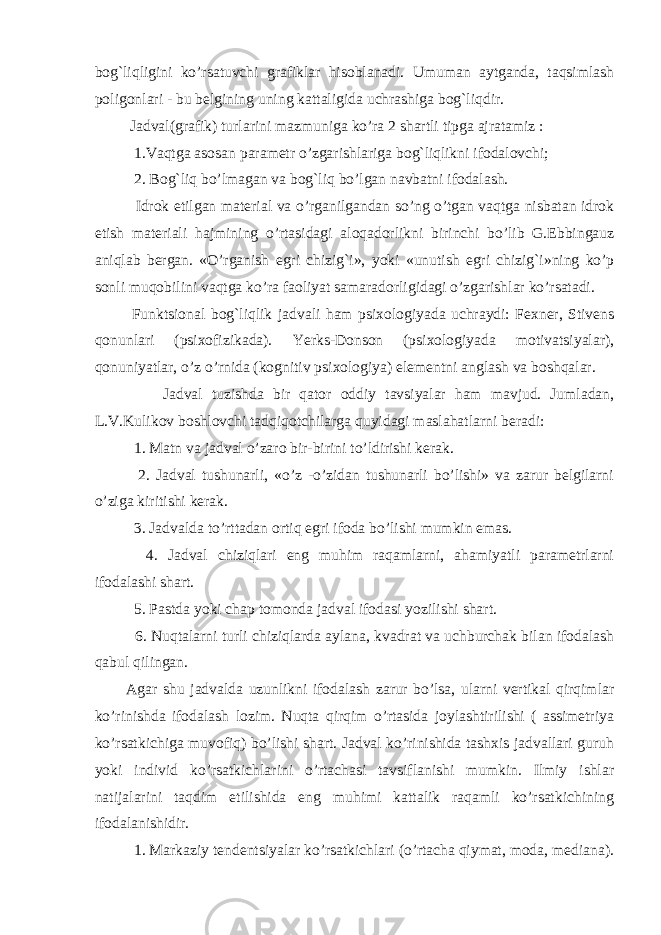 bog`li q ligini ko’rsatuvchi grafiklar hisoblanadi. Umuman aytganda, taqsimlash poligonlari - bu belgining uning kattaligida uchrashiga bog`liqdir. Jadval(grafik) turlarini mazmuniga ko’ra 2 shartli tipga ajratamiz : 1.Vaqtga asosan parametr o’zgarishlariga bog`liqlikni ifodalovchi ; 2. Bog`liq bo’lmagan va bog`liq bo’lgan navbatni ifodalash. Idrok etilgan material va o’rganilgandan so’ng o’tgan vaqtga nisbatan idrok etish materiali hajmining o’rtasidagi aloqadorlikni birinchi bo’lib G.Ebbingauz aniqlab bergan. «O’rganish egri chizig`i», yoki «unutish egri chizig`i»ning ko’p sonli muqobilini vaqtga ko’ra faoliyat samaradorligidagi o’zgarishlar ko’rsatadi. Funktsional bog`liqlik jadvali ham psixologiyada uchraydi: Fexner, Stivens qonunlari (psixofizikada). Yerks-Donson (psixologiyada motivatsiyalar), qonuniyatlar, o’z o’rnida (kognitiv psixologiya) elementni anglash va boshqalar. Jadval tuzishda bir qator oddiy tavsiyalar ham mavjud. Jumladan, L.V.Kulikov boshlovchi tadqiqotchilarga quyidagi maslahatlarni beradi: 1. Matn va jadval o’zaro bir-birini to’ldirishi kerak. 2. Jadval tushunarli, «o’z -o’zidan tushunarli bo’lishi» va zarur belgilarni o’ziga kiritishi kerak. 3. Jadvalda to’rttadan ortiq egri ifoda bo’lishi mumkin emas. 4. Jadval chiziqlari eng muhim raqamlarni, ahamiyatli parametrlarni ifodalashi shart. 5. Pastda yoki chap tomonda jadval ifodasi yozilishi shart. 6. Nuqtalarni turli chiziqlarda aylana, kvadrat va uchburchak bilan ifodalash qabul qilingan. Agar shu jadvalda uzunlikni ifodalash zarur bo’lsa, ularni vertikal qirqimlar ko’rinishda ifodalash lozim. Nuqta qirqim o’rtasida joylashtirilishi ( assimetriya ko’rsatkichiga muvofiq) bo’lishi shart. Jadval ko’rinishida tashxis jadvallari guruh yoki individ ko’rsatkichlarini o’rtachasi tavsiflanishi mumkin. Ilmiy ishlar natijalarini taqdim etilishida eng muhimi kattalik raqamli ko’rsatkichining ifodalanishidir. 1. Markaziy tendentsiyalar ko’rsatkichlari (o’rtacha qiymat, moda, mediana). 