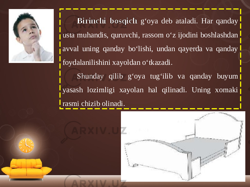 Birinchi bosqich g‘oya deb ataladi. Har qanday usta muhandis, quruvchi, rassom o‘z ijodini boshlashdan avval uning qanday bo‘lishi, undan qayerda va qanday foydalanilishini xayoldan o‘tkazadi. Shunday qilib g‘oya tug‘ilib va qanday buyum yasash lozimligi xayolan hal qilinadi. Uning xomaki rasmi chizib olinadi. 