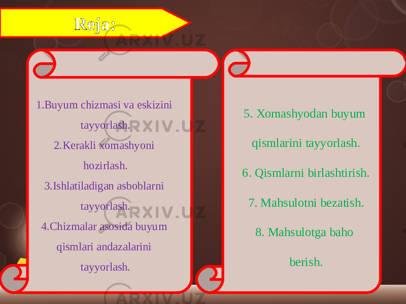 Reja: 1. Buyum chizmasi va eskizini tayyorlash. 2. Kerakli xomashyoni hozirlash. 3. Ishlatiladigan asboblarni tayyorlash. 4. Chizmalar asosida buyum qismlari andazalarini tayyorlash. 5. Xomashyodan buyum qismlarini tayyorlash. 6. Qismlarni birlashtirish. 7. Mahsulotni bezatish. 8. Mahsulotga baho berish. 