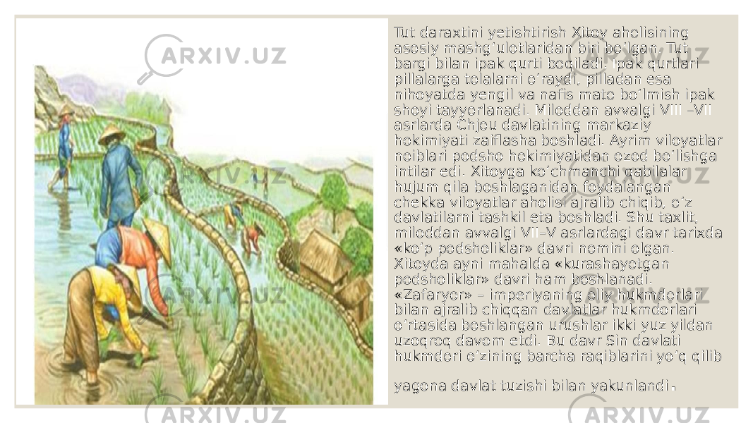 Tut daraxtini yetishtirish Xitoy aholisining asosiy mashg‘ulotlaridan biri bo‘lgan. Tut bargi bilan ipak qurti boqiladi. Ipak qurtlari pillalarga tolalarni o‘raydi, pilladan esa nihoyatda yengil va naﬁs mato bo‘lmish ipak shoyi tayyorlanadi. Miloddan avvalgi VIII –VII asrlarda Chjou davlatining markaziy hokimiyati zaiﬂasha boshladi. Ayrim viloyatlar noiblari podsho hokimiyatidan ozod bo‘lishga intilar edi. Xitoyga ko‘chmanchi qabilalar hujum qila boshlaganidan foydalangan chekka viloyatlar aholisi ajralib chiqib, o‘z davlatilarni tashkil eta boshladi. Shu taxlit, miloddan avvalgi VII–V asrlardagi davr tarixda «ko‘p podsholiklar» davri nomini olgan. Xitoyda ayni mahalda «kurashayotgan podsholiklar» davri ham boshlanadi. «Zafaryor» – imperiyaning oliy hukmdorlari bilan ajralib chiqqan davlatlar hukmdorlari o‘rtasida boshlangan urushlar ikki yuz yildan uzoqroq davom etdi. Bu davr Sin davlati hukmdori o‘zining barcha raqiblarini yo‘q qilib yagona davlat tuzishi bilan yakunlandi . 