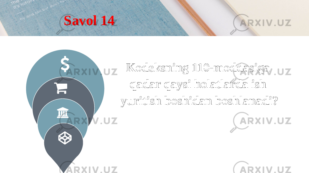 Kodeksning 110-moddasiga qadar qaysi holatlarda ish yuritish boshidan boshlanadi?Savol 14 