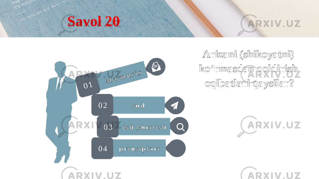 p r i n s i p l a r i i s h y u r i t i s hM a ’m u r iy s u d 0 1 0 2 0 3 0 4 Arizani (shikoyatni) ko‘rmasdan qoldirish oqibatlari qaysilar?Savol 20 