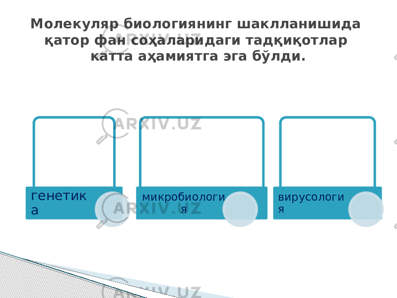 Молекуляр биологиянинг шаклланишида қатор фан соҳаларидаги тадқиқотлар катта аҳамиятга эга бўлди. генетик а микробиологи я вирусологи я 