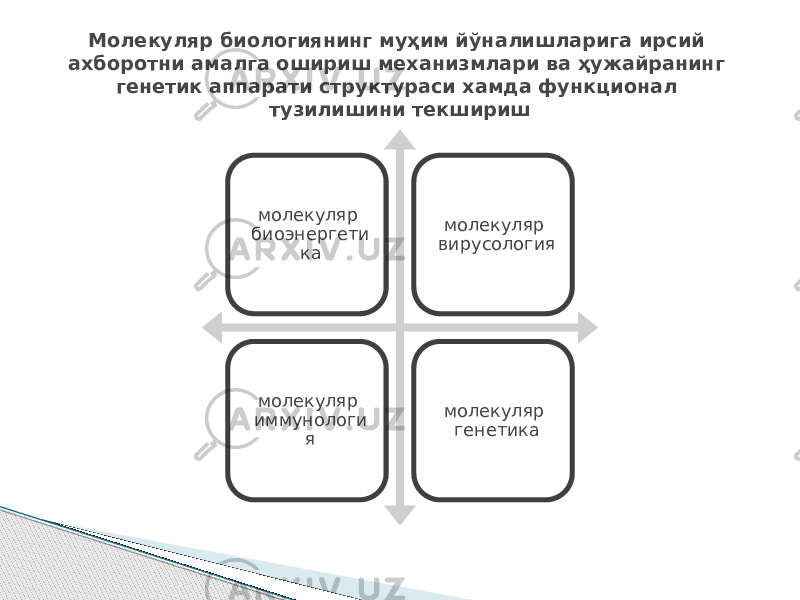 молекуляр биоэнергети ка молекуляр вирусология молекуляр иммунологи я молекуляр генетикаМолекуляр биологиянинг муҳим йўналишларига ирсий ахборотни амалга ошириш механизмлари ва ҳужайранинг генетик аппарати структураси хамда функционал тузилишини текшириш 