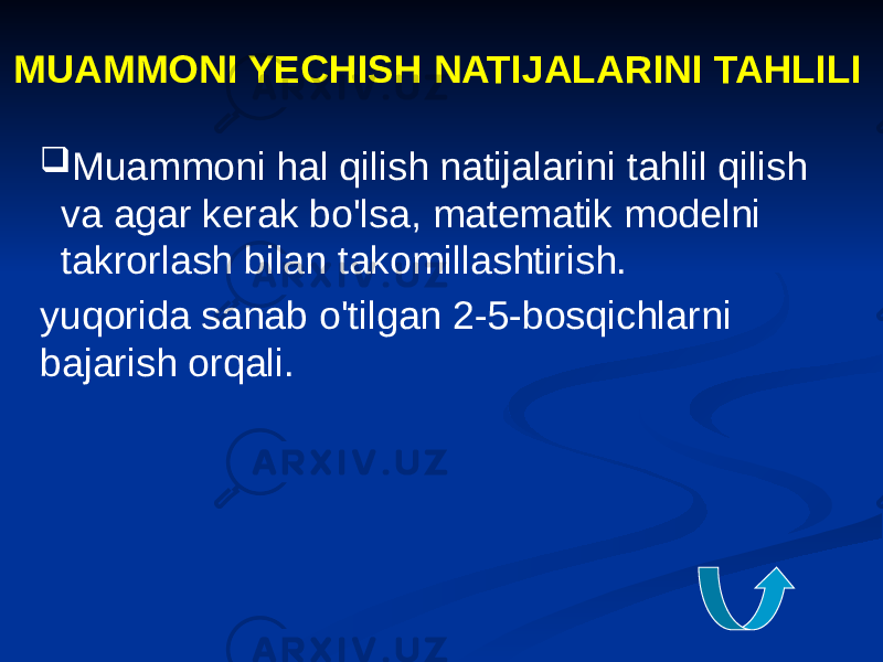 MUAMMONI YECHISH NATIJALARINI TAHLILI  Muammoni hal qilish natijalarini tahlil qilish va agar kerak bo&#39;lsa, matematik modelni takrorlash bilan takomillashtirish. yuqorida sanab o&#39;tilgan 2-5-bosqichlarni bajarish orqali. 