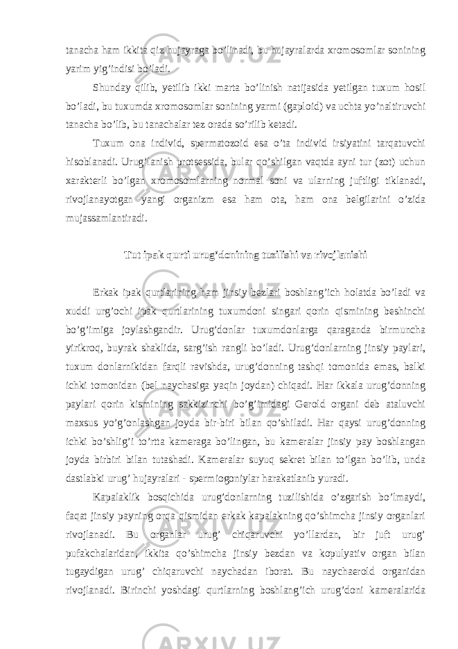 tanacha ham ikkita qiz hujayraga bo’linadi, bu hujayralarda xromosomlar sonining yarim yig’indisi bo’ladi. Shunday qilib, yetilib ikki marta bo’linish natijasida yetilgan tuxum hosil bo’ladi, bu tuxumda xromosomlar sonining yarmi (gaploid) va uchta yo’naltiruvchi tanacha bo’lib, bu tanachalar tez orada so’rilib ketadi. Tuxum ona individ, spermatozoid esa o’ta individ irsiyatini tarqatuvchi hisoblanadi. Urug’lanish protsessida, bular qo’shilgan vaqtda ayni tur (zot) uchun xarakterli bo’lgan xromosomlarning normal soni va ularning juftligi tiklanadi, rivojlanayotgan yangi organizm esa ham ota, ham ona belgilarini o’zida mujassamlantiradi. Tut ipak qurti urug’donining tuzilishi va rivojlanishi Erkak ipak qurtlarining ham jinsiy bezlari boshlang’ich holatda bo’ladi va xuddi urg’ochi ipak qurtlarining tuxumdoni singari qorin qismining beshinchi bo’g’imiga joylashgandir. Urug’donlar tuxumdonlarga qaraganda birmuncha yirikroq, buyrak shaklida, sarg’ish rangli bo’ladi. Urug’donlarning jinsiy paylari, tuxum donlarnikidan farqli ravishda, urug’donning tashqi tomonida emas, balki ichki tomonidan (bel naychasiga yaqin joydan) chiqadi. Har ikkala urug’donning paylari qorin kismining sakkizinchi bo’g’imidagi Gerold organi deb ataluvchi maxsus yo’g’onlashgan joyda bir-biri bilan qo’shiladi. Har qaysi urug’donning ichki bo’shlig’i to’rtta kameraga bo’lingan, bu kameralar jinsiy pay boshlangan joyda birbiri bilan tutashadi. Kameralar suyuq sekret bilan to’lgan bo’lib, unda dastlabki urug’ hujayralari - spermiogoniylar harakatlanib yuradi. Kapalaklik bosqichida urug’donlarning tuzilishida o’zgarish bo’lmaydi, faqat jinsiy payning orqa qismidan erkak kapalakning qo’shimcha jinsiy organlari rivojlanadi. Bu organlar urug’ chiqaruvchi yo’llardan, bir juft urug’ pufakchalaridan, ikkita qo’shimcha jinsiy bezdan va kopulyativ organ bilan tugaydigan urug’ chiqaruvchi naychadan iborat. Bu naychaerold organidan rivojlanadi. Birinchi yoshdagi qurtlarning boshlang’ich urug’doni kameralarida 