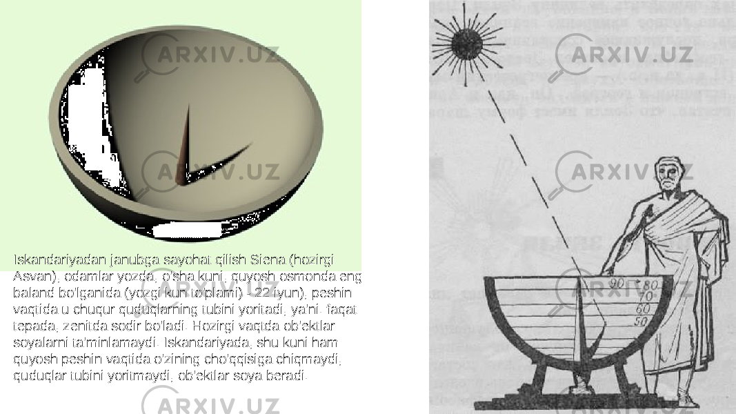 Iskandariyadan janubga sayohat qilish Siena (hozirgi Asvan), odamlar yozda, o&#39;sha kuni, quyosh osmonda eng baland bo&#39;lganida (yozgi kun to&#39;plami) - 22 iyun), peshin vaqtida u chuqur quduqlarning tubini yoritadi, ya&#39;ni. faqat tepada, zenitda sodir bo&#39;ladi. Hozirgi vaqtda ob&#39;ektlar soyalarni ta&#39;minlamaydi. Iskandariyada, shu kuni ham quyosh peshin vaqtida o&#39;zining cho&#39;qqisiga chiqmaydi, quduqlar tubini yoritmaydi, ob&#39;ektlar soya beradi. 