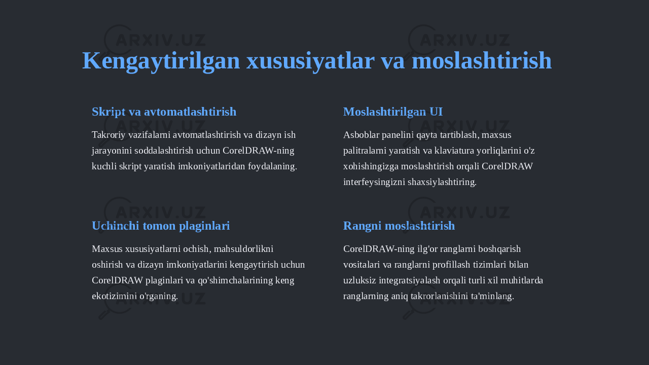 Kengaytirilgan xususiyatlar va moslashtirish Skript va avtomatlashtirish Takroriy vazifalarni avtomatlashtirish va dizayn ish jarayonini soddalashtirish uchun CorelDRAW-ning kuchli skript yaratish imkoniyatlaridan foydalaning. Moslashtirilgan UI Asboblar panelini qayta tartiblash, maxsus palitralarni yaratish va klaviatura yorliqlarini o&#39;z xohishingizga moslashtirish orqali CorelDRAW interfeysingizni shaxsiylashtiring. Uchinchi tomon plaginlari Maxsus xususiyatlarni ochish, mahsuldorlikni oshirish va dizayn imkoniyatlarini kengaytirish uchun CorelDRAW plaginlari va qo&#39;shimchalarining keng ekotizimini o&#39;rganing. Rangni moslashtirish CorelDRAW-ning ilg&#39;or ranglarni boshqarish vositalari va ranglarni profillash tizimlari bilan uzluksiz integratsiyalash orqali turli xil muhitlarda ranglarning aniq takrorlanishini ta&#39;minlang. 