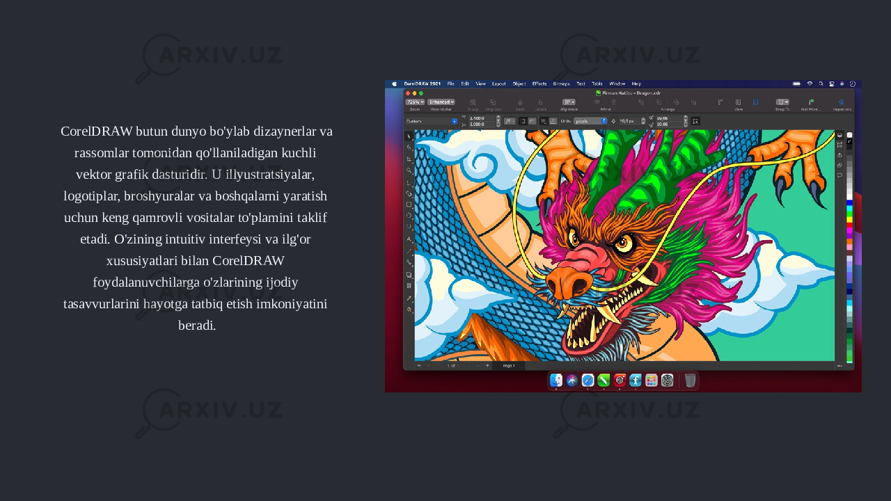 CorelDRAW butun dunyo bo&#39;ylab dizaynerlar va rassomlar tomonidan qo&#39;llaniladigan kuchli vektor grafik dasturidir. U illyustratsiyalar, logotiplar, broshyuralar va boshqalarni yaratish uchun keng qamrovli vositalar to&#39;plamini taklif etadi. O&#39;zining intuitiv interfeysi va ilg&#39;or xususiyatlari bilan CorelDRAW foydalanuvchilarga o&#39;zlarining ijodiy tasavvurlarini hayotga tatbiq etish imkoniyatini beradi. 