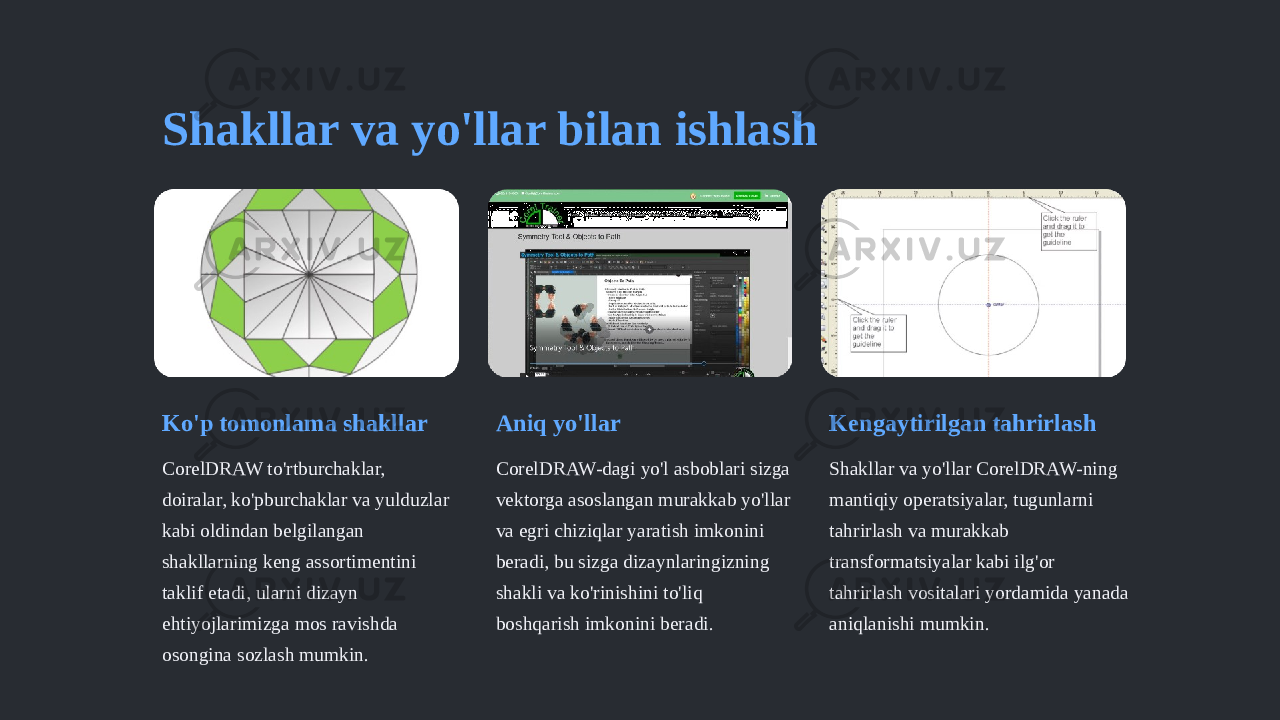 Shakllar va yo&#39;llar bilan ishlash Ko&#39;p tomonlama shakllar CorelDRAW to&#39;rtburchaklar, doiralar, ko&#39;pburchaklar va yulduzlar kabi oldindan belgilangan shakllarning keng assortimentini taklif etadi, ularni dizayn ehtiyojlarimizga mos ravishda osongina sozlash mumkin. Aniq yo&#39;llar CorelDRAW-dagi yo&#39;l asboblari sizga vektorga asoslangan murakkab yo&#39;llar va egri chiziqlar yaratish imkonini beradi, bu sizga dizaynlaringizning shakli va ko&#39;rinishini to&#39;liq boshqarish imkonini beradi. Kengaytirilgan tahrirlash Shakllar va yo&#39;llar CorelDRAW-ning mantiqiy operatsiyalar, tugunlarni tahrirlash va murakkab transformatsiyalar kabi ilg&#39;or tahrirlash vositalari yordamida yanada aniqlanishi mumkin. 