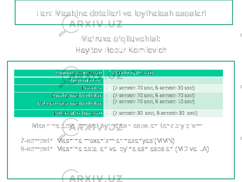 Fan: Mashina detallari va loyihalash asoslari Ma’ruza o’qituvchisi: Hayitov Bobur Komilovich Umumiy o‘quv soati - 8 kredit (240 soat) Shu jumladan: Ma’ruza - (7-semestr-20 soat, 8-semestr-30 soat) Amaliy mashg‘ulotlar Laboratoriya mashg`ulotlar - - (7-semestr-20 soat, 8-semestr-20 soat) (7-semestr-20 soat, 8-semestr-10 soat) Mustaqil ta’lim soati - (7-semestr-90 soat, 8-semestr-90 soat) Mashina detallari va loyihalash asoslari tarkibiy qismi 7-semestr: Mashina mexanizmlar nazariyasi(MMN) 8-semestr: Mashina detallari va loyihalash asoslari (MD va LA) 