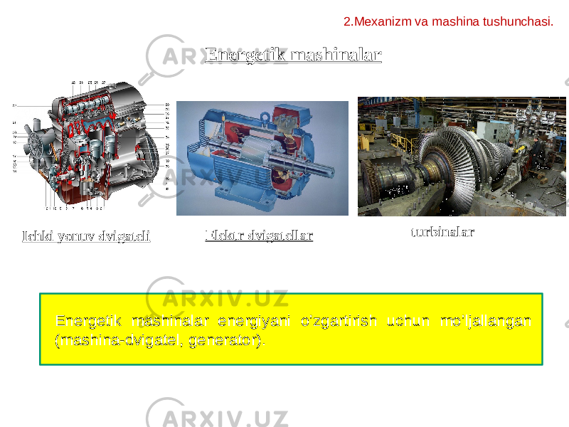 Energetik mashinalar energiyani o’zgartirish uchun mo’ljallangan (mashina-dvigatel, generator). 2.Mexanizm va mashina tushunchasi. Ichki yonuv dvigateli Energetik mashinalar Elektr dvigatellar turbinalar 