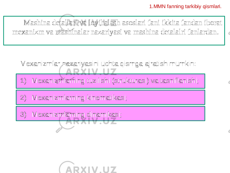 Mashina detallari va loyihalash asoslari fani ikkita fandan iborat mexanizm va mashinalar nazariyasi va mashina detalalri fanlardan. 1.MMN fanning tarkibiy qismlari. Mexanizmlar nazariyasini uchta qismga ajratish mumkin: 1) Mexanizmlarning tuzilishi (strukturasi) va tasniflanishi; 2) Mexanizmlarning kinematikasi; 3) Mexanizmlarning dinamikasi; 