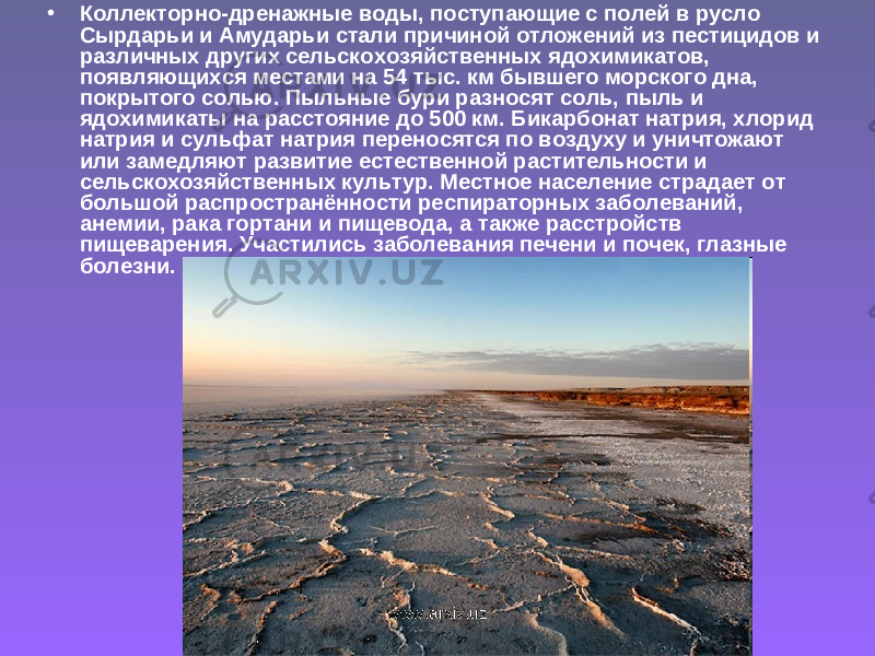 • Коллекторно-дренажные воды, поступающие с полей в русло Сырдарьи и Амударьи стали причиной отложений из пестицидов и различных других сельскохозяйственных ядохимикатов, появляющихся местами на 54 тыс. км бывшего морского дна, покрытого солью. Пыльные бури разносят соль, пыль и ядохимикаты на расстояние до 500 км. Бикарбонат натрия, хлорид натрия и сульфат натрия переносятся по воздуху и уничтожают или замедляют развитие естественной растительности и сельскохозяйственных культур. Местное население страдает от большой распространённости респираторных заболеваний, анемии, рака гортани и пищевода, а также расстройств пищеварения. Участились заболевания печени и почек, глазные болезни. www.arxiv.uz 