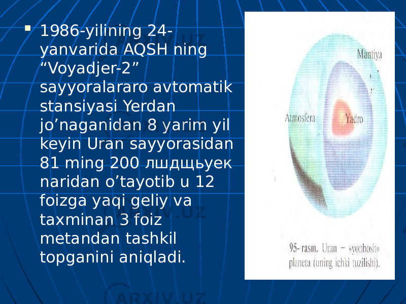  1986-yilining 24- yanvarida AQSH ning “Voyadjer-2” sayyoralararo avtomatik stansiyasi Yerdan jo’naganidan 8 yarim yil keyin Uran sayyorasidan 81 ming 200 лшдщьуек naridan o’tayotib u 12 foizga yaqi geliy va taxminan 3 foiz metandan tashkil topganini aniqladi. 