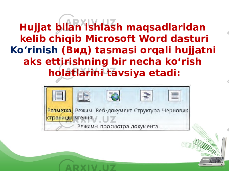 Hujjat bilan ishlash maqsadlaridan kelib chiqib Microsoft Word dasturi Ko‘rinish ( Вид) tasmasi orqali hujjatni aks ettirishning bir necha ko‘rish holatlarini tavsiya etadi: 