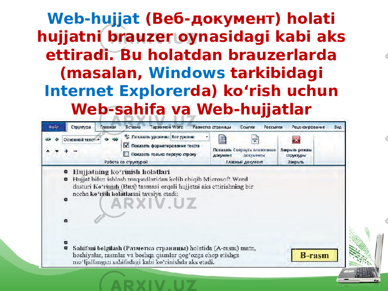 Web-hujjat ( Веб-документ) holati hujjatni brauzer oynasidagi kabi aks ettiradi. Bu holatdan brauzerlarda (masalan, Windows tarkibidagi Internet Explorer da) ko‘rish uchun Web-sahifa va Web-hujjatlar tayyorlaganda foydalanish qulay. 