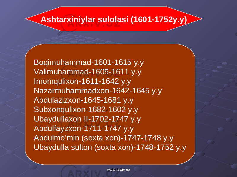 Boqimuhammad-1601-1615 y.y Valimuhammad-1605-1611 y.y Imomqulixon-1611-1642 y.y Nazarmuhammadxon-1642-1645 y.y Abdulazizxon-1645-1681 y.y Subxonqulixon-1682-1602 y.y Ubaydullaxon II-1702-1747 y.y Abdulfayzxon-1711-1747 y.y Abdulmo’min (soxta xon)-1747-1748 y.y Ubaydulla sulton (soxta xon)-1748-1752 y.y Ashtarxiniylar sulolasi (1601-1752y.y) www.arxiv.uzwww.arxiv.uz 