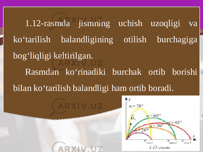 1.12-rasmda jismning uchish uzoqligi va ko‘tarilish balandligining otilish burchagiga bog‘liqligi keltirilgan. Rasmdan ko‘rinadiki burchak ortib borishi bilan ko‘tarilish balandligi ham ortib boradi. 