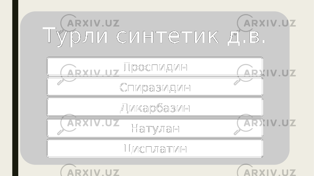 Турли синтетик д.в. Проспидин Спиразидин Дикарбазин Натулан Цисплатин 