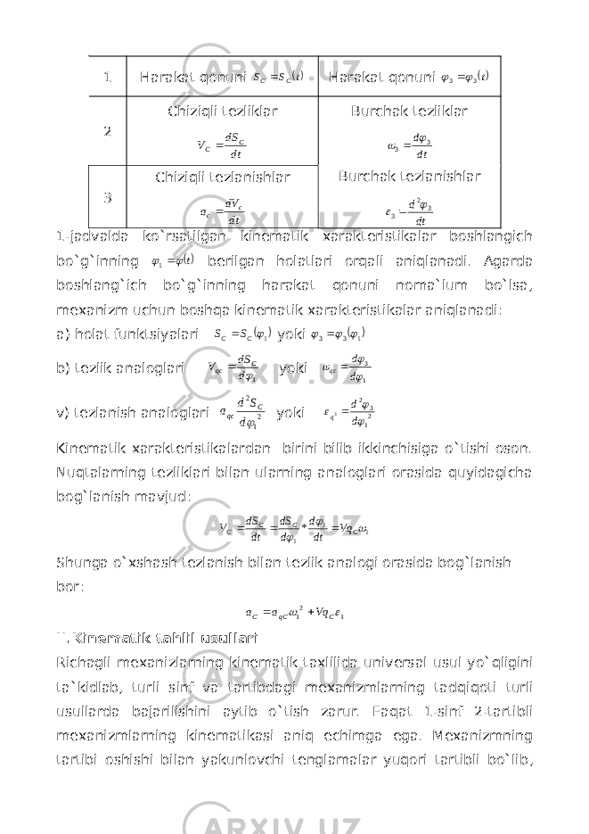 1 Harakat q onuni t S S C C Harakat q onuni t3 3    2 Ch i zi q li tezliklar dt dS V C C  Burchak tezliklar dt d 3 3    3 Chizi q li tezlanishlar dt dV а c с Burchak tezlanishlar dt d 32 3    1 - jadvalda ko`rsatilgan kinematik xarakteristikalar boshlangich bo`g`inning t   1 berilgan holatlari orqali aniqlanadi. А garda boshlang`ich bo`g`inning harakat qonuni noma`lum bo`lsa, mexanizm uchun boshqa kinematik xarakteristikalar aniqlanadi: a) holat funktsiyalari  1C C S S  yoki   133     b) tezlik analoglari 1d dS V C qc  yoki 1 3    d d qc  v) tezlanish analoglari 21 2 d S d a C qc yoki 2 1 32 3    d d q  Kinematik xarakteristikalardan birini bilib ikkinchisiga o`tishi oson. Nuqtalarning tezliklari bilan ularning analoglari orasida quyidagicha bog`lanish mavjud: 1 1 1 *    C C C C Vq dt d d dS dt dS V    Shunga o`xshash tezlanish bilan tezlik analogi orasida bog`lanish bor: 1 21   C qC C Vq a a   II .Kinematik tahlil usullari Richagli mexanizlarning kinematik taxlilida universal usul yo` q ligini ta`kidlab, turli sinf va tartibdagi mexanizmlarning tad q i q oti turli usullarda bajarilishini aytib o`tish zarur. Fa q at 1-sinf 2-tartibli mexanizmlarning kinematikasi ani q echimga ega. Mexanizmning tartibi oshishi bilan yakunlovchi tenglamalar yuqori tartibli bo`lib , 