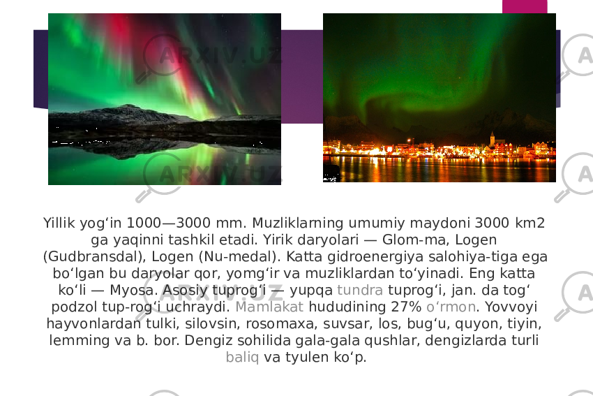 Yillik yogʻin 1000—3000 mm. Muzliklarning umumiy maydoni 3000 km2 ga yaqinni tashkil etadi. Yirik daryolari — Glom-ma, Logen (Gudbransdal), Logen (Nu-medal). Katta gidroenergiya salohiya-tiga ega boʻlgan bu daryolar qor, yomgʻir va muzliklardan toʻyinadi. Eng katta koʻli — Myosa. Asosiy tuprogʻi —  yupqa   tundra  tuprogʻi, jan. da togʻ podzol tup-rogʻi uchraydi.  Mamlakat  hududining 27%  oʻrmon . Yovvoyi hayvonlardan tulki, silovsin, rosomaxa, suvsar, los, bugʻu, quyon, tiyin, lemming va b. bor. Dengiz sohilida gala-gala qushlar, dengizlarda turli  baliq  va tyulen koʻp. 