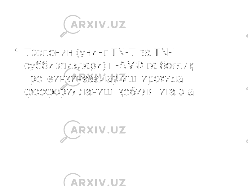 • Тропонин (унинг TN-Т ва TN-I суббирликлари) ц-АМФ га боғлиқ протеинкиназалар иштирокида фосфорилланиш қобилятига эга. 