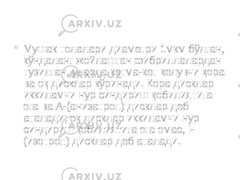 • Мушак толалари диаметри 1мкм бўлган, кўндаланг жойлашган фибриллалардан тузилган, уларда кетма-кет келувчи қора ва оқ дисклар кўринади. Қора дисклар иккиламчи нур синдириш қобилиятига эга ва А-(анизатроп) дисклар деб аталади; оқ дисклар иккиламчи нур синдириш қобилиятига эга эмас, I- (изотроп) дисклар деб аталади. 