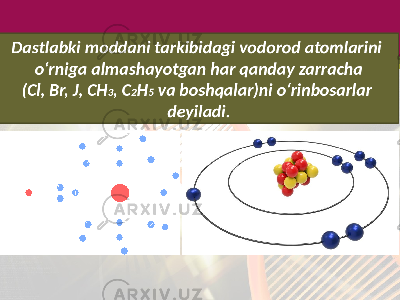 Dastlabki moddani tarkibidagi vodorod atomlarini o‘rniga almashayotgan har qanday zarracha (Cl, Br, J, CH 3 , C 2 H 5 va boshqalar)ni o‘rinbosarlar deyiladi. 
