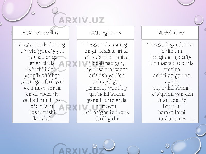 A.V.Petrovskiy • iroda - bu kishining o’z oldiga qo’ygan maqsadlariga erishishida qiyinchiliklarni yengib o’tishga qaratilgan faoliyati va xulq-atvorini ongli ravishda tashkil qilishi va o’z-o’zini boshqarishi demakdir Q.Turg’unov • iroda - shaxsning ongli harakatlarida, o’z-o’zini bilishida ifodalanadigan, ayniqsa maqsadga erishish yo’lida uchraydigan jismoniy va ruhiy qiyinchiliklarni yengib chiqishda namoyon bo’ladigan ixtiyoriy faolligidir. M.Vohidov • iroda deganda biz oldindan belgilagan, qat&#39;iy bir maqsad asosida amalga oshiriladigan va ayrim qiyinchiliklarni, to’siqlarni yengish bilan bog’liq bo’lgan harakatlarni tushunamiz 