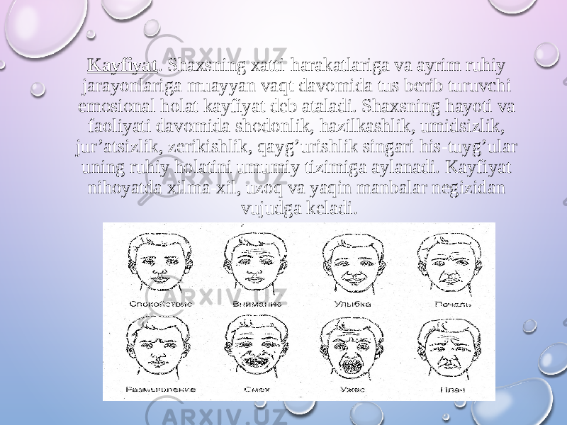 Kayfiyat . Shaxsning xatti-harakatlariga va ayrim ruhiy jarayonlariga muayyan vaqt davomida tus berib turuvchi emosional holat kayfiyat deb ataladi. Shaxsning hayoti va faoliyati davomida shodonlik, hazilkashlik, umidsizlik, jur’atsizlik, zerikishlik, qayg’urishlik singari his-tuyg’ular uning ruhiy holatini umumiy tizimiga aylanadi. Kayfiyat nihoyatda xilma-xil, uzoq va yaqin manbalar negizidan vujudga keladi. 