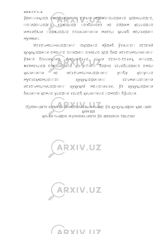 www.arxiv.uz ўринди қ лар ажратилиши, савдо корхоналарида қ арияларга, ногиронларга товарлар навбатсиз ва айрим ҳ олларда имтиёзли нархларда сотилишини мисол қ илиб келтириш мумкин. Истеъмолчиларнинг ю қ орида кўриб ўтилган асосий ҳ у қ у қ ларини амалга ошириш аввало ҳ ар бир истеъмолчининг ўзига бо ғ ли қ дир. Амалиётда, яъни савдо-соти қ , ишлар, хизматлар сохаларида қ онуннинг барча талабларига амал қ илиниши ва истеъмолчиларнинг ушбу қ онунда муста ҳ камланган ҳ у қ у қ ларининг таъминланиши истеъмолчиларнинг ҳ у қ у қ ий маданияти, ўз ҳ у қ у қ ларини билиши ҳ амда уларни талаб қ илишида намоён бўлади. Қ уйидаги схемада истеъмолчилар ўз ҳ у қ у қ лари қ андай ҳ имоя қ илишлари мумкинлиги ўз аксини топган 