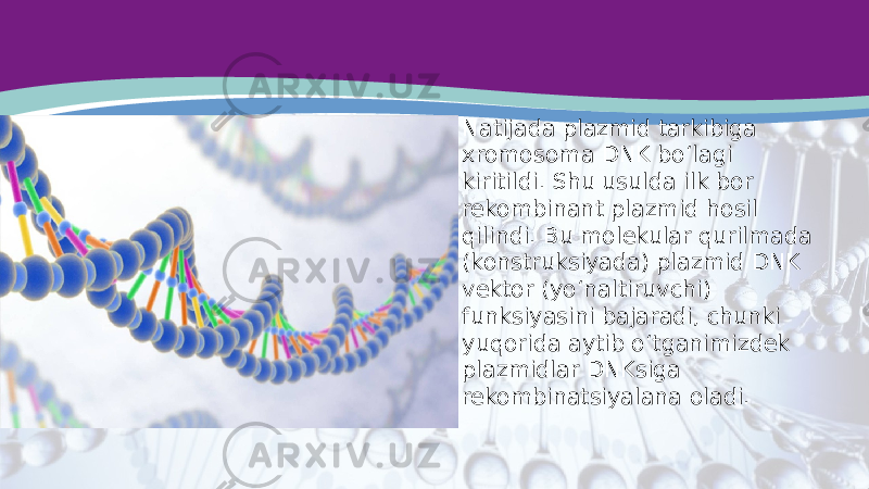 • Natijada plazmid tarkibiga xromosoma DNK bo‘lagi kiritildi. Shu usulda ilk bor rekombinant plazmid hosil qilindi. Bu molekular qurilmada (konstruksiyada) plazmid DNK vektor (yo‘naltiruvchi) funksiyasini bajaradi, chunki yuqorida aytib o‘tganimizdek plazmidlar DNKsiga rekombinatsiyalana oladi. 