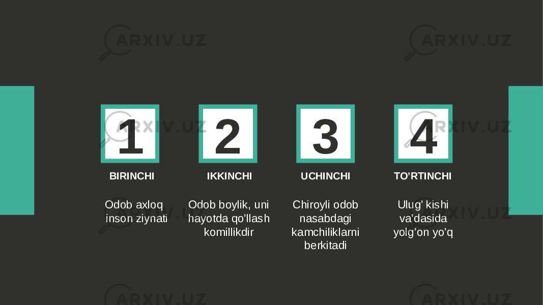 1 2 3 4 BIRINCHI IKKINCHI UCHINCHI TO’RTINCHI Odob axloq inson ziynati Odob boylik, uni hayotda qo’llash komillikdir Chiroyli odob nasabdagi kamchiliklarni berkitadi Ulug’ kishi va’dasida yolg’on yo’q 