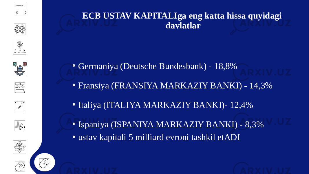 ECB USTAV KAPITALIga eng katta hissa quyidagi davlatlar • Germaniya (Deutsche Bundesbank) - 18,8% • Fransiya (FRANSIYA MARKAZIY BANKI) - 14,3% • Italiya (ITALIYA MARKAZIY BANKI)- 12,4% • Ispaniya (ISPANIYA MARKAZIY BANKI) - 8,3% • ustav kapitali 5 milliard evroni tashkil etADI 
