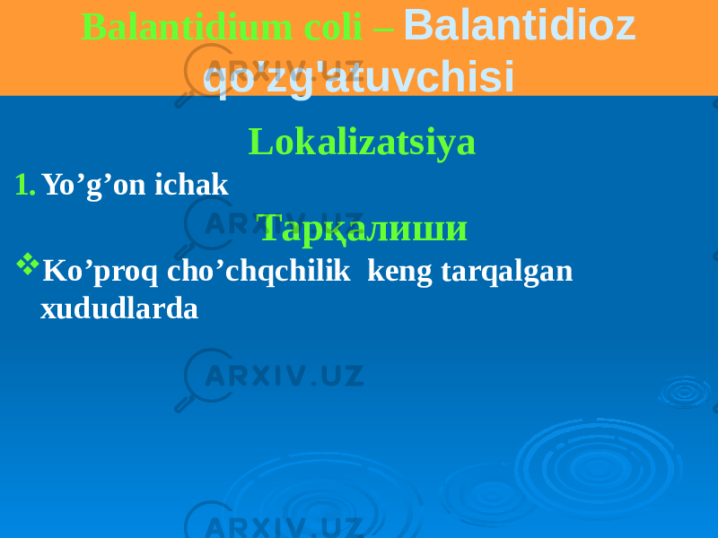 Balantidium coli – Balantidioz qo&#39;zg&#39;atuvchisi Lokalizatsiya 1. Yo’g’on ichak Тарқалиши  Ko’proq cho’chqchilik keng tarqalgan xududlarda 