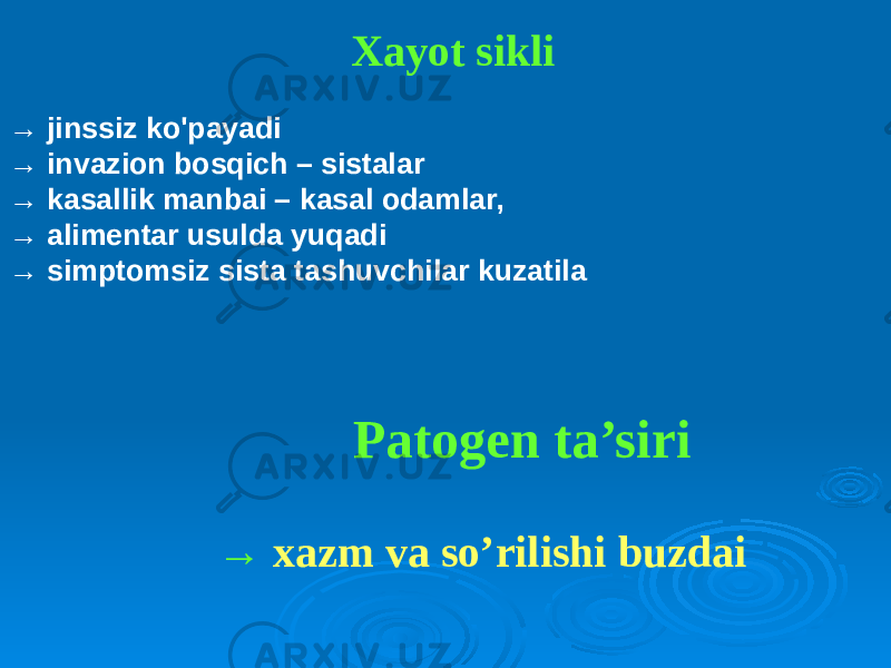 Xayot sikli Patogen ta’siri → xazm va so’rilishi buzdai→ jinssiz ko&#39;payadi → invazion bosqich – sistalar → kasallik manbai – kasal odamlar, → alimentar usulda yuqadi → simptomsiz sista tashuvchilar kuzatila 