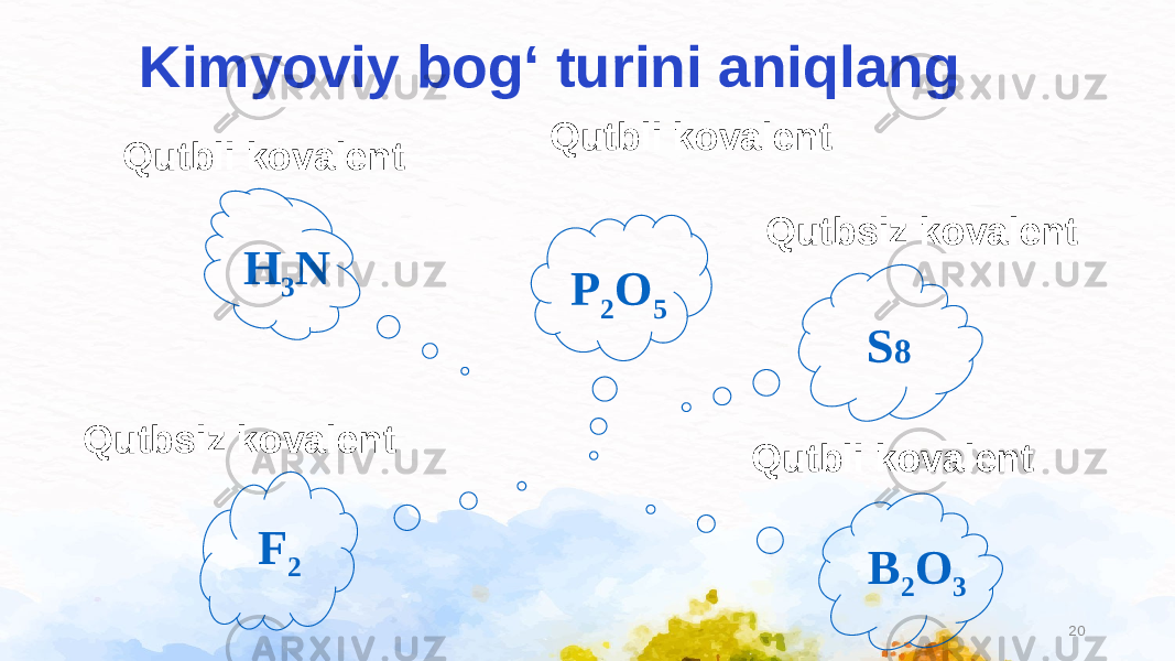 20Kimyoviy bog‘ turini aniqlang Qutbli kovalent Qutbli kovalent Qutbli kovalentQutbsiz kovalent H 3 N P 2 O 5 S 8 B 2 O 3F 2 Qutbsiz kovalent 