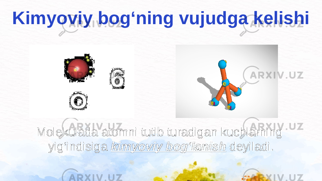 Kimyoviy bog‘ning vujudga kelishi Molekulada atomni tutib turadigan kuchlarning yig‘indisiga  kimyoviy bog‘lanish   deyiladi. 