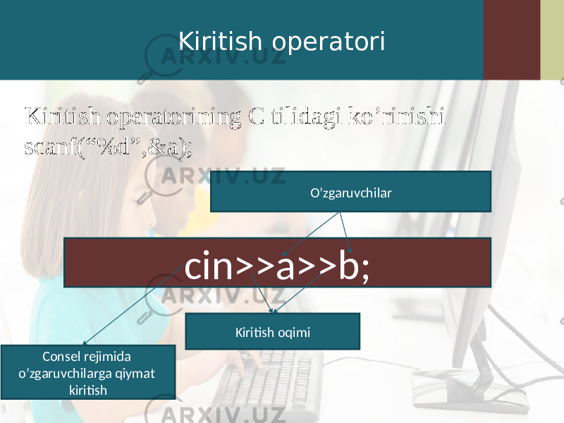 Kiritish operatori Kiritish operatorining C tilidagi ko’rinishi scanf(“%d”,&a); cin>>a>>b; Consel rejimida o’zgaruvchilarga qiymat kiritish Kiritish oqimi O’zgaruvchilar 