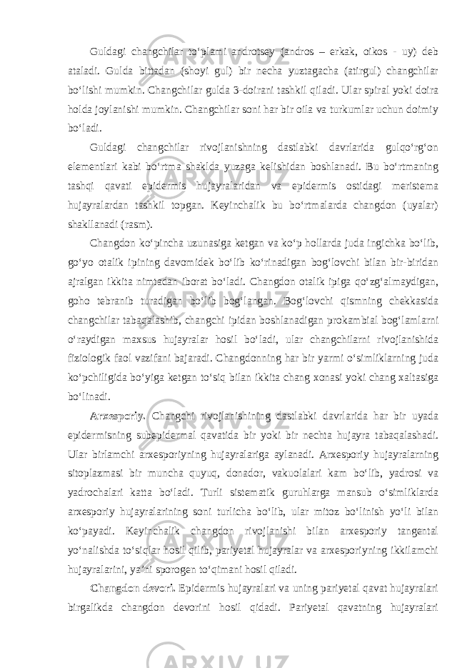 Guldagi changchilar to‘plami androtsey (andros – erkak, oikos - uy) deb ataladi. Gulda bittadan (shoyi gul) bir necha yuztagacha (atirgul) changchilar bo‘lishi mumkin. Changchilar gulda 3-doirani tashkil qiladi. Ular spiral yoki doira holda joylanishi mumkin. Changchilar soni har bir oila va turkumlar uchun doimiy bo‘ladi. Guldagi changchilar rivojlanishning dastlabki davrlarida gulqo‘rg‘on elementlari kabi bo‘rtma shaklda yuzaga kelishidan boshlanadi. Bu bo‘rtmaning tashqi qavati epidermis hujayralaridan va epidermis ostidagi meristema hujayralardan tashkil topgan. Keyinchalik bu bo‘rtmalarda changdon (uyalar) shakllanadi (rasm). Changdon ko‘pincha uzunasiga ketgan va ko‘p hollarda juda ingichka bo‘lib, go‘yo otalik ipining davomidek bo‘lib ko‘rinadigan bog‘lovchi bilan bir-biridan ajralgan ikkita nimtadan iborat bo‘ladi. Changdon otalik ipiga qo‘zg‘almaydigan, goho tebranib turadigan bo‘lib bog‘langan. Bog‘lovchi qismning chekkasida changchilar tabaqalashib, changchi ipidan boshlanadigan prokambial bog‘lamlarni o‘raydigan maxsus hujayralar hosil bo‘ladi, ular changchilarni rivojlanishida fiziologik faol vazifani bajaradi. Changdonning har bir yarmi o‘simliklarning juda ko‘pchiligida bo‘yiga ketgan to‘siq bilan ikkita chang xonasi yoki chang xaltasiga bo‘linadi. Arxesporiy. Changchi rivojlanishining dastlabki davrlarida har bir uyada epidermisning subepidermal qavatida bir yoki bir nechta hujayra tabaqalashadi. Ular birlamchi arxesporiyning hujayralariga aylanadi. Arxesporiy hujayralarning sitoplazmasi bir muncha quyuq, donador, vakuolalari kam bo‘lib, yadrosi va yadrochalari katta bo‘ladi. Turli sistematik guruhlarga mansub o‘simliklarda arxesporiy hujayralarining soni turlicha bo‘lib, ular mitoz bo‘linish yo‘li bilan ko‘payadi. Keyinchalik changdon rivojlanishi bilan arxesporiy tangental yo‘nalishda to‘siqlar hosil qilib, pariyetal hujayralar va arxesporiyning ikkilamchi hujayralarini, ya’ni sporogen to‘qimani hosil qiladi. Changdon devori. Epidermis hujayralari va uning pariyetal qavat hujayralari birgalikda changdon devorini hosil qidadi. Pariyetal qavatning hujayralari 