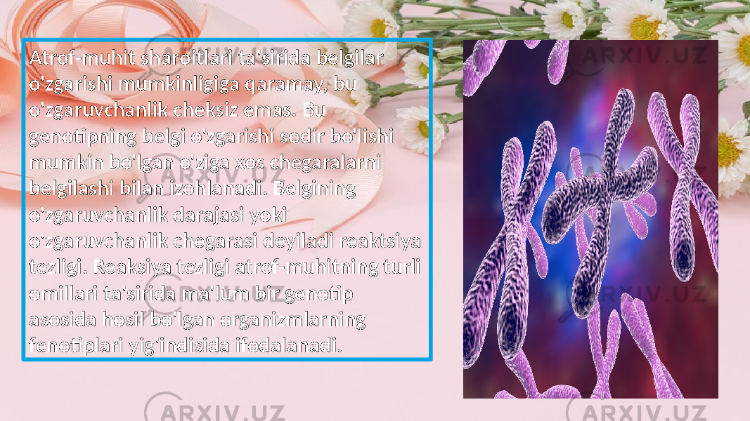 Atrof-muhit sharoitlari ta&#39;sirida belgilar o&#39;zgarishi mumkinligiga qaramay, bu o&#39;zgaruvchanlik cheksiz emas. Bu genotipning belgi o&#39;zgarishi sodir bo&#39;lishi mumkin bo&#39;lgan o&#39;ziga xos chegaralarni belgilashi bilan izohlanadi. Belgining o&#39;zgaruvchanlik darajasi yoki o&#39;zgaruvchanlik chegarasi deyiladi reaktsiya tezligi. Reaksiya tezligi atrof-muhitning turli omillari ta&#39;sirida ma&#39;lum bir genotip asosida hosil bo&#39;lgan organizmlarning fenotiplari yig&#39;indisida ifodalanadi. 